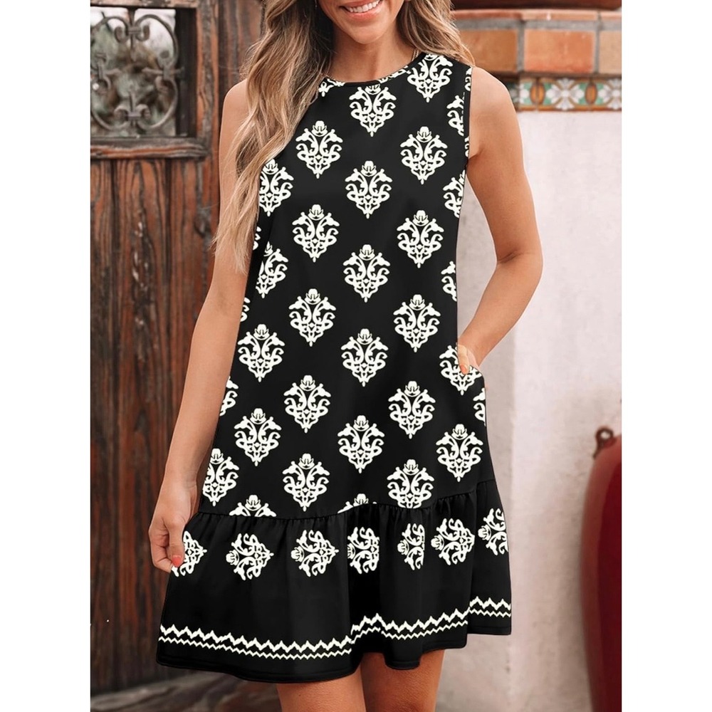 BLENCOT Women's XL Black White Boho Sleeveless Ruffle Hem Tie Back Dress New